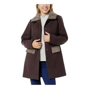 Colleen Lopez Womens Faux Wool Coat Brown Bead Detail Removable Collar Size XXS
